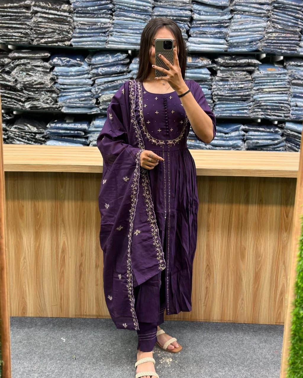 Purple Embroidered Anarkali Kurta Set with Dupatta for Women