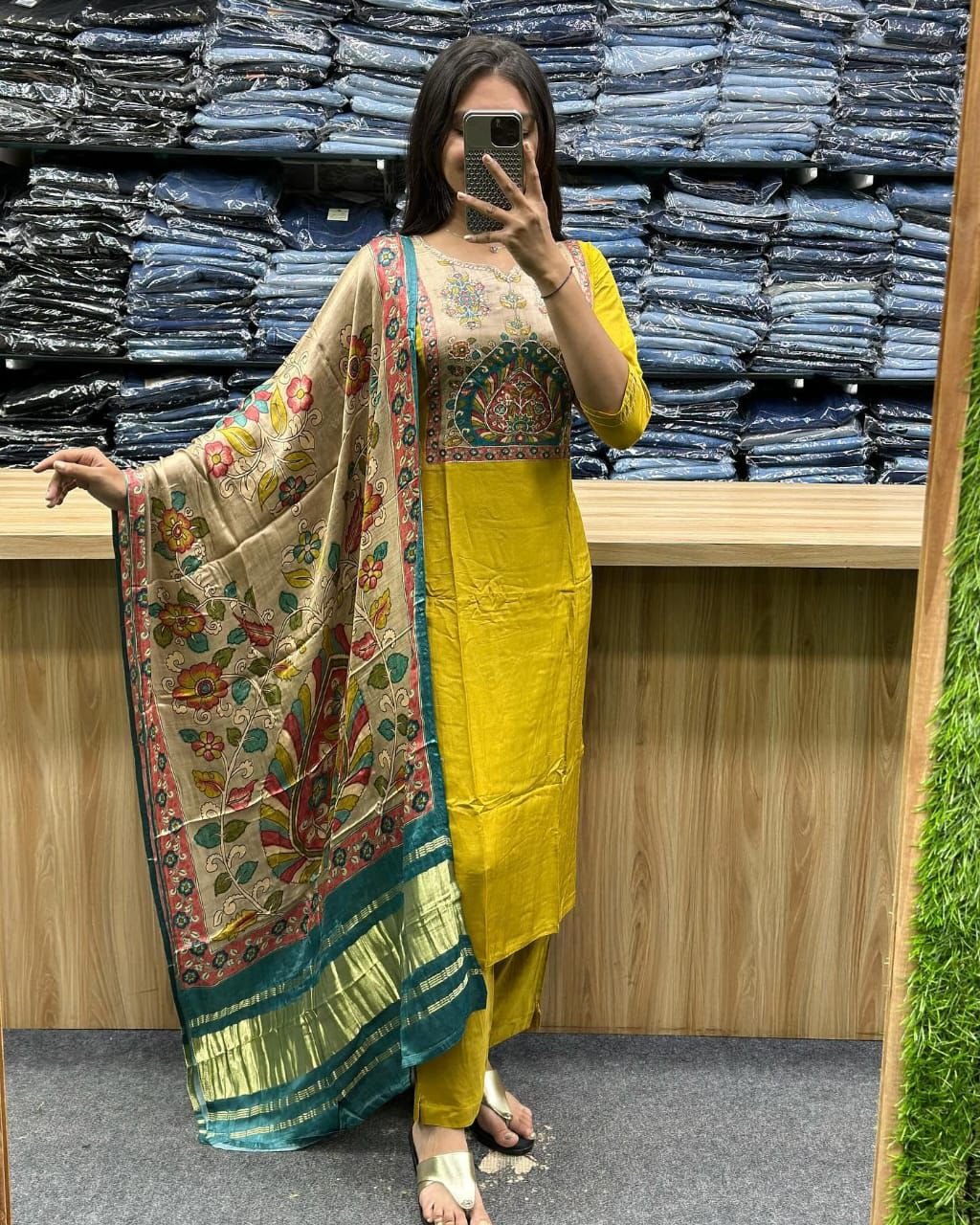 Yellow Printed Cotton Kurta Set with Colorful Dupatta for Women