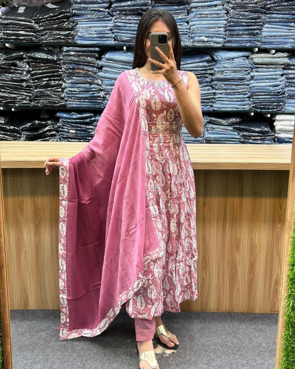 Elegant Pink Printed Anarkali Kurta Set with Dupatta for Women