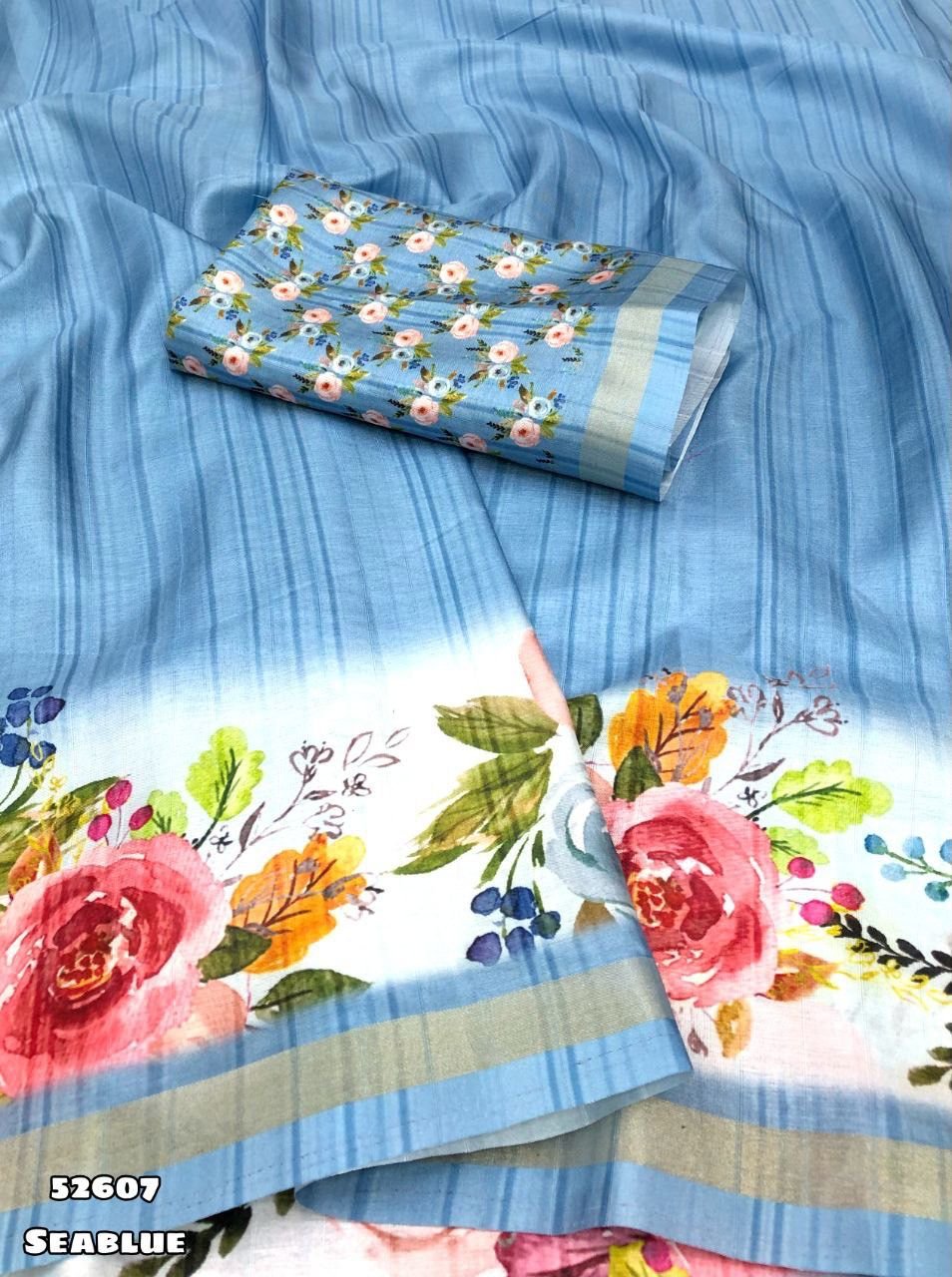 Elegant Floral Printed Saree in Sea Blue Color – With Matching Blouse Piece