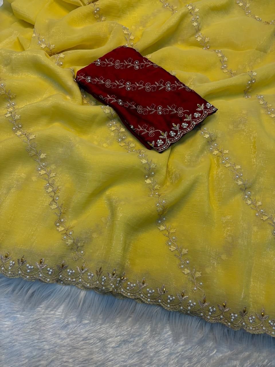 Vibrant Yellow & Maroon Embroidered Women's Saree