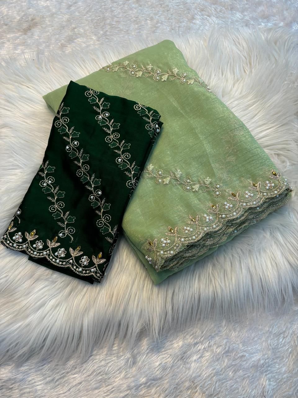 Graceful Green & Dark Green Embroidered Women's Saree