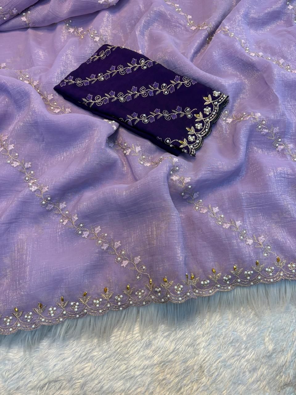Lavender & Deep Purple Embroidered Organza Saree