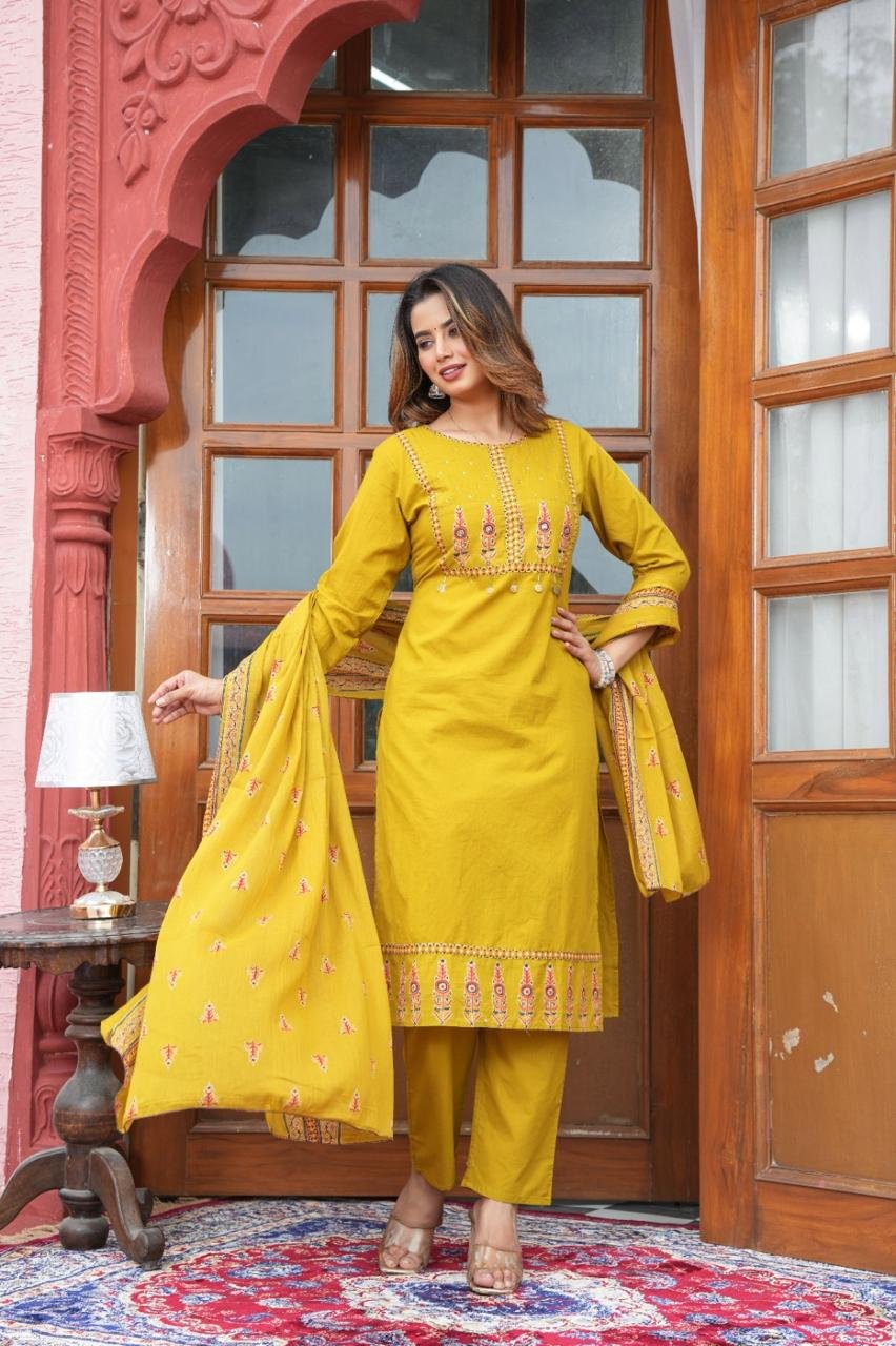 Mustard Yellow Embroidered Cotton Suit Set with Printed Dupatta