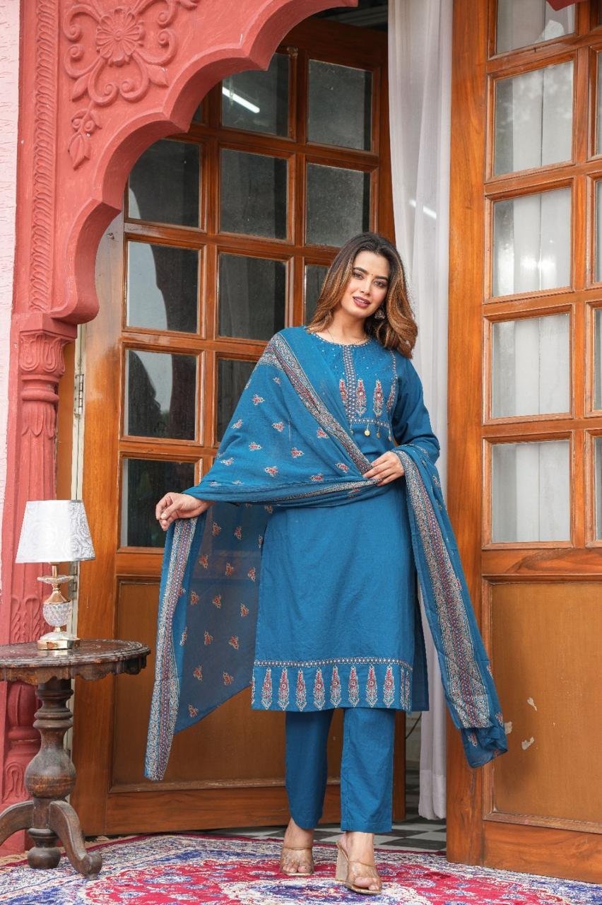 Royal Blue Embroidered Cotton Suit Set with Printed Dupatta