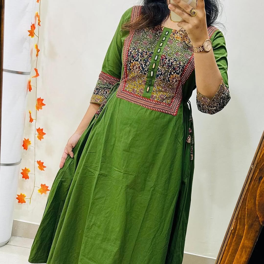 Bottle Green Anarkali Kurta Set with Multicolor Embroidered Yoke & Sleeves