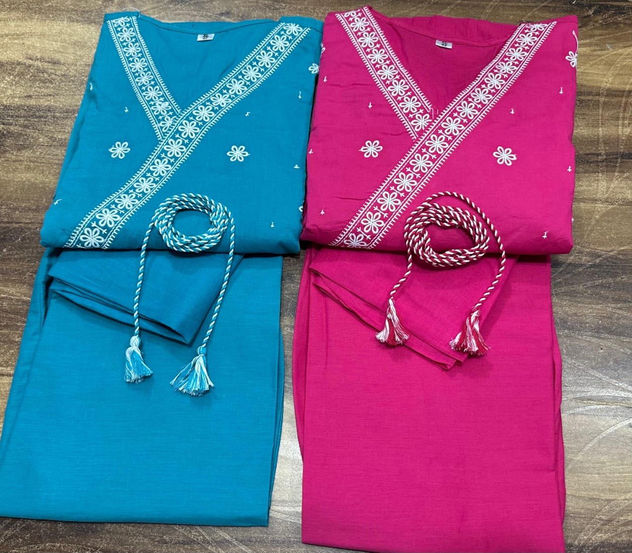 V-Neck Embroidered Cotton Suit Set (Combo Options – Blue & Pink)