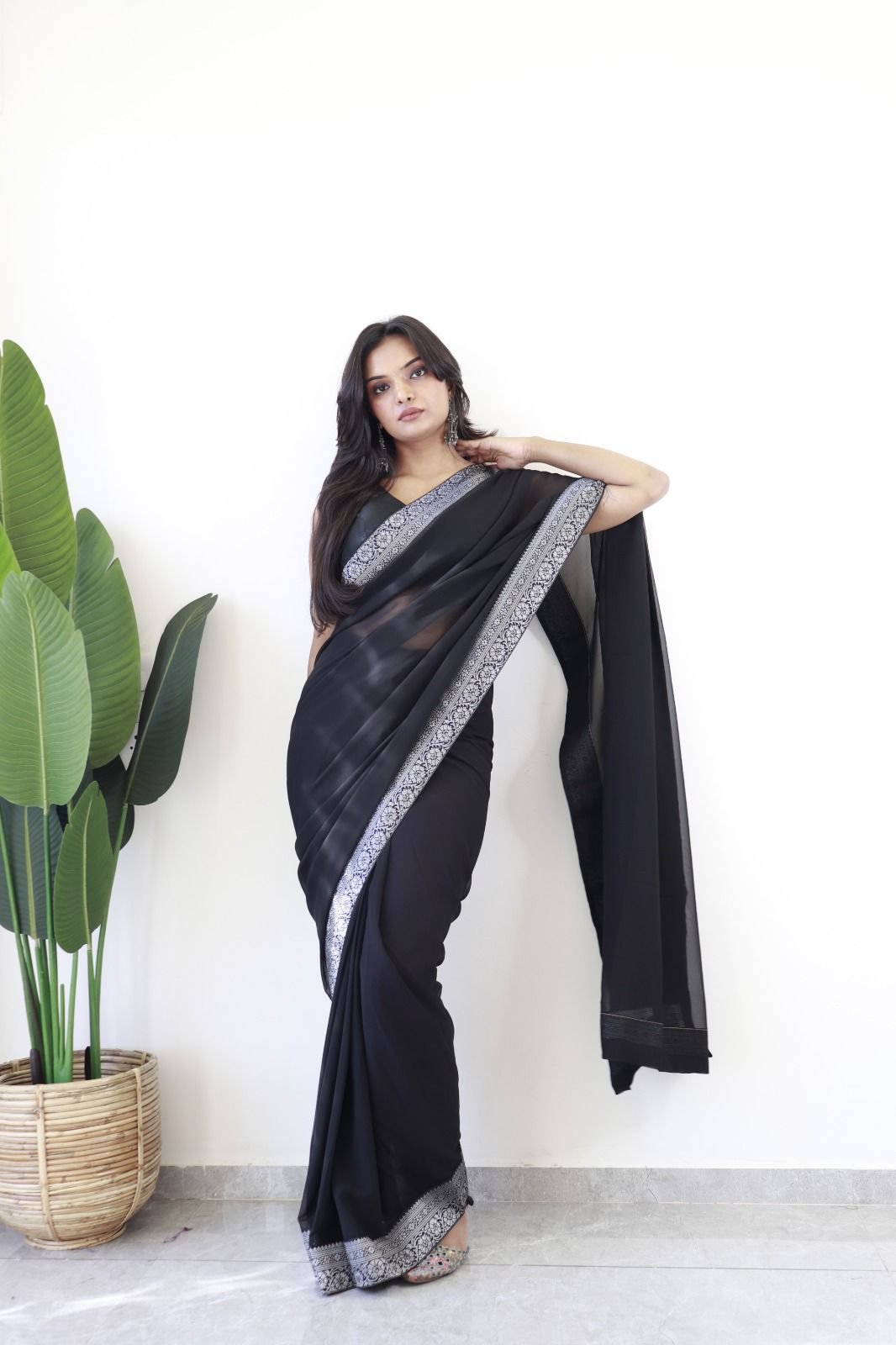 Black Georgette Saree with Silver Embroidered Border – Elegant Party & Wedding Wear