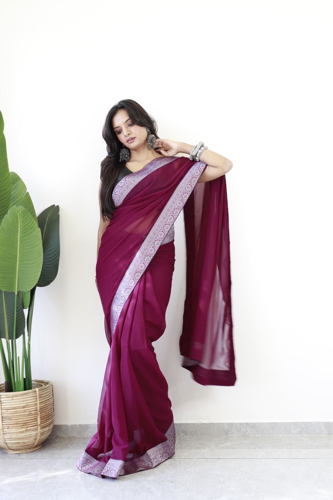 Wine Purple Designer Georgette Saree with Silver Embroidered Border