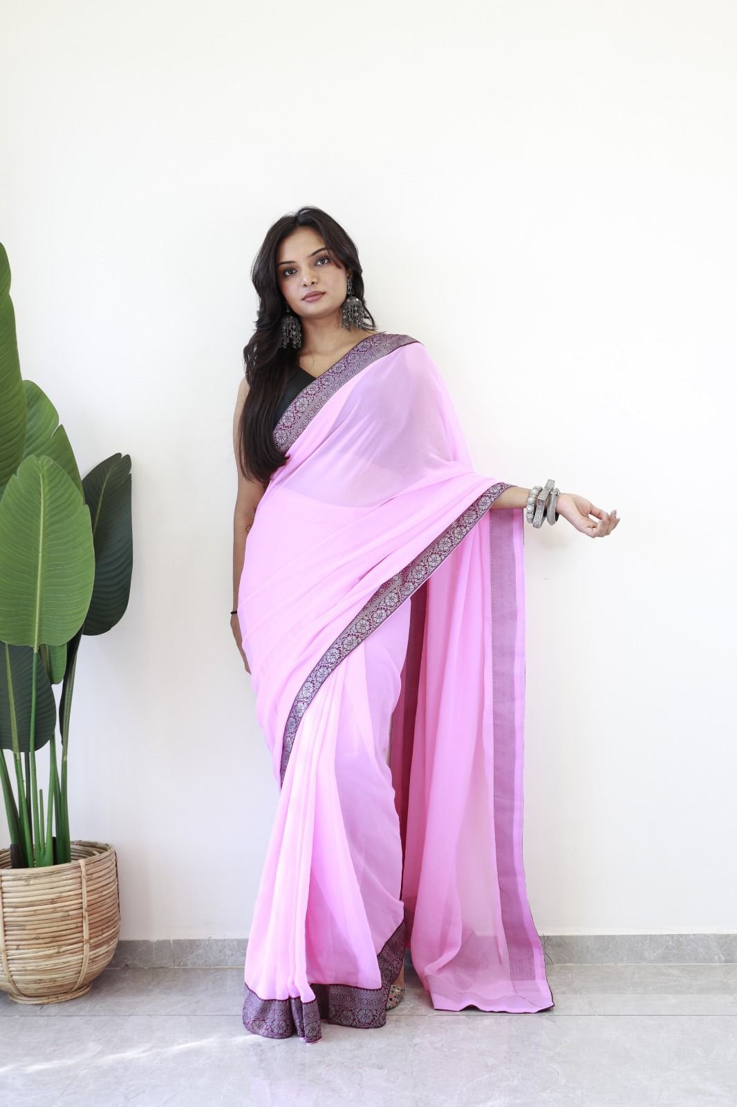 Light Pink Georgette Saree with Contrast Embroidered Border