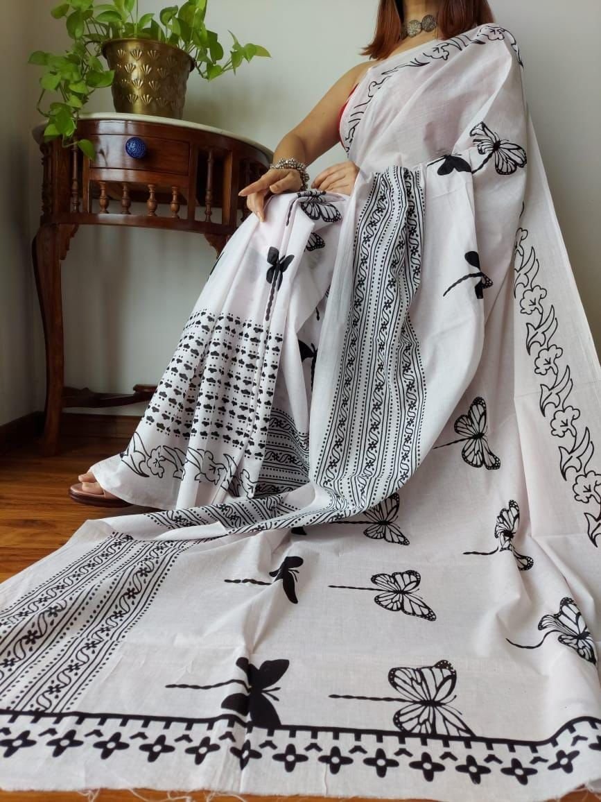 Elegant White Cotton Saree with Black Butterfly Print – OR RAT Edition