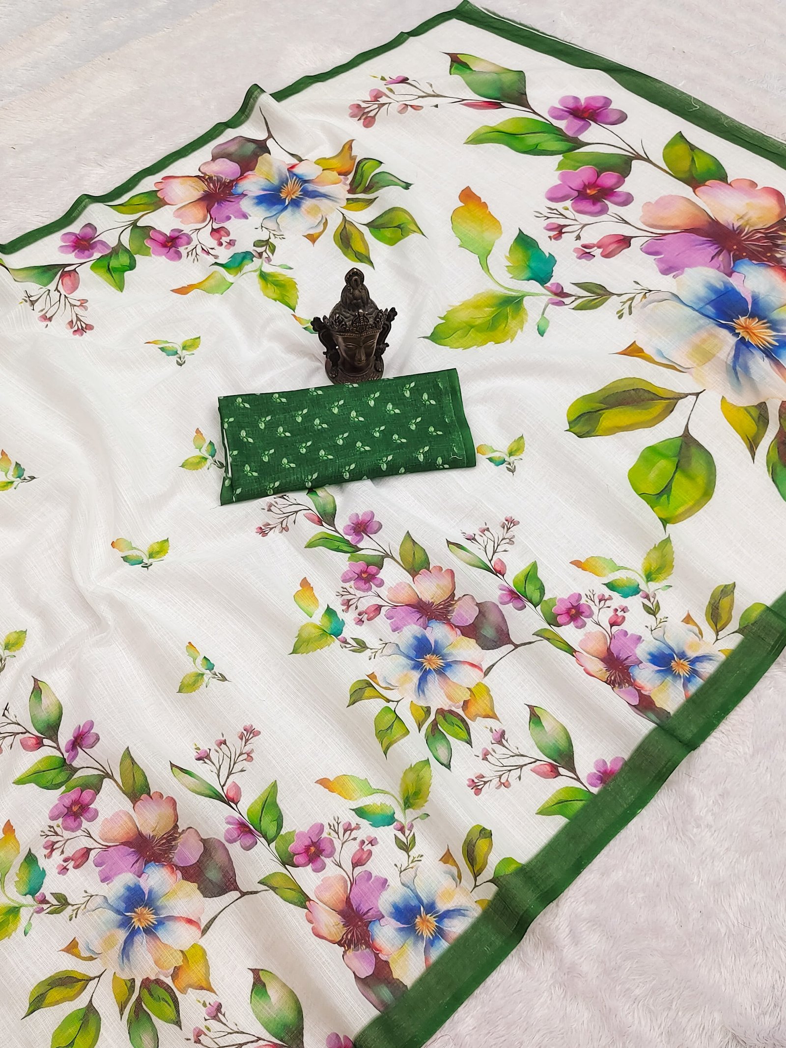 Chic white organza saree with vibrant multicolor floral