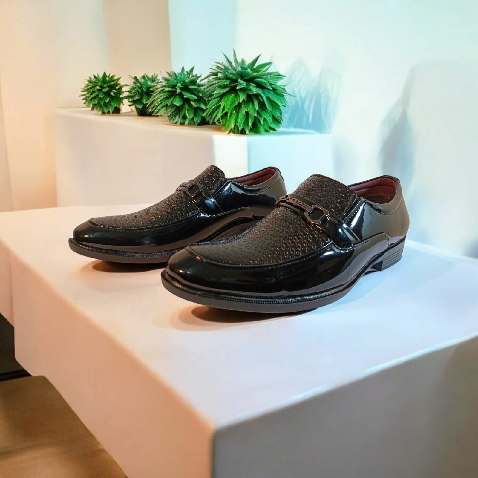 Elegant Brown Textured Loafers with Buckle – Men's Party & Formal Wear