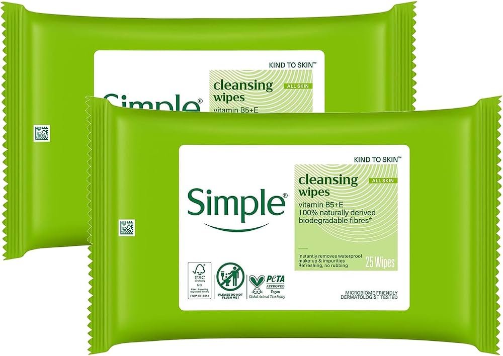 Simple Cleansing Wipes with Vitamin B5 + E – 25 Wipes